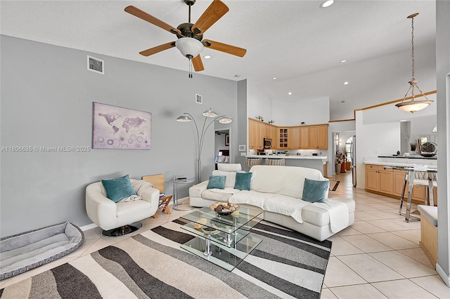 5362 NW 108th Way, Coral Springs, FL 33076 - living room featuring a ceiling fan, light tile patterned flooring, recessed lighting, high vaulted ceiling, and baseboards