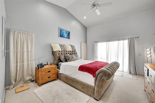 5362 NW 108th Way, Coral Springs, FL 33076 - bedroom with light colored carpet, high vaulted ceiling, a ceiling fan, and access to exterior