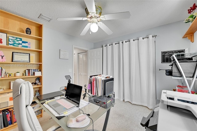 5362 NW 108th Way, Coral Springs, FL 33076 - carpeted home office featuring a ceiling fan and a textured ceiling