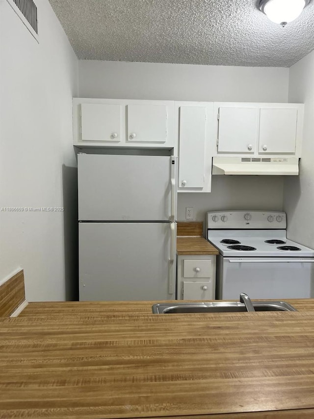 4017 N University Dr Unit 210, Sunrise, FL 33351 - kitchen featuring white appliances, under cabinet range hood, a textured ceiling, white cabinets, and a sink