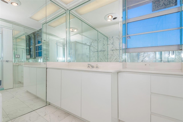 5255 Collins Ave Unit 14D, Miami Beach, FL 33140 - bathroom featuring marble finish flooring, vanity, plenty of natural light, and a stall shower