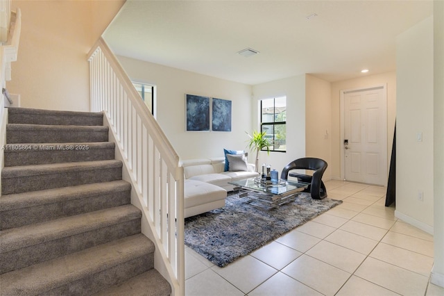 10966 W 33rd Way, Hialeah, FL 33018 - living room featuring stairway, light tile patterned floors, recessed lighting, and baseboards