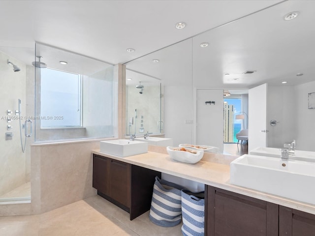 200 Sunny Isles Blvd Unit 2-Uph3, Sunny Isles Beach, FL 33160 - bathroom featuring a shower stall, double vanity, tile patterned floors, and recessed lighting