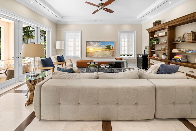7120 Mira Flores Ave, Coral Gables, FL 33143 - living area with ceiling fan, a raised ceiling, crown molding, and recessed lighting