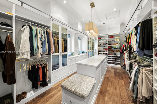 spacious closet with attic access and light wood finished floors