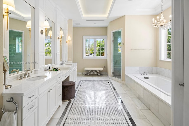 bathroom with healthy amount of natural light, a garden tub, a stall shower, and vanity