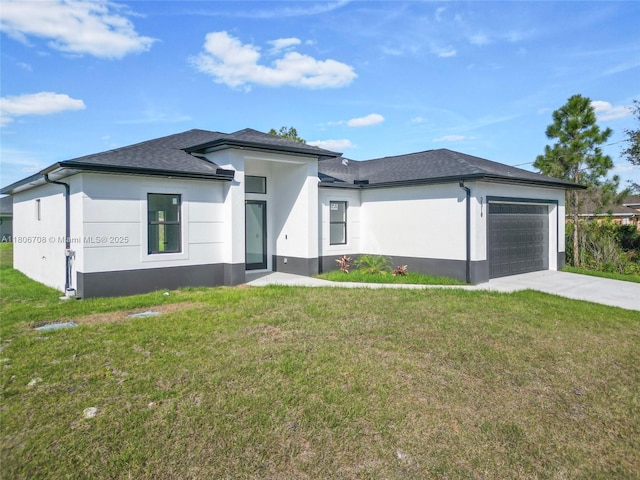 2518 26th St W, Lehigh Acres, FL 33971 - view of front facade with stucco siding, driveway, an attached garage, and a front yard