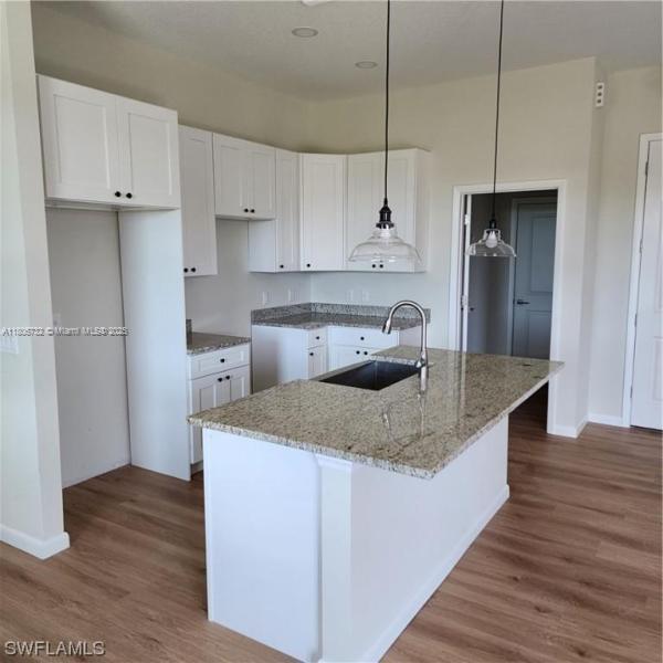 1818 Inwood Rd, La Belle, FL 33935 - kitchen with a sink, dark wood-style floors, white cabinetry, and light stone counters