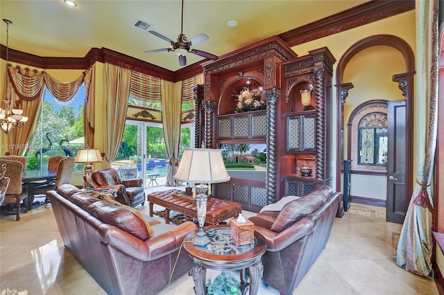 10233 NW 66th Dr, Parkland, FL 33076 - living area with ornamental molding, a ceiling fan, arched walkways, and baseboards