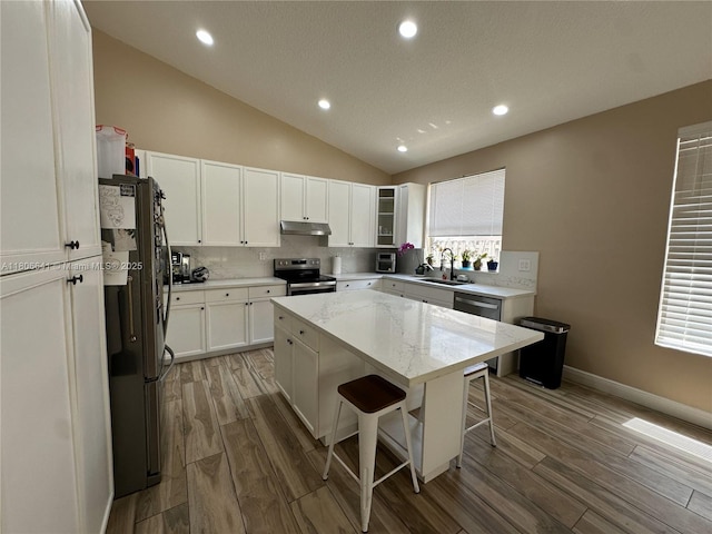 19260 SW 29th Ct, Miramar, FL 33029 - kitchen featuring stainless steel appliances, under cabinet range hood, a kitchen island, a sink, and white cabinets