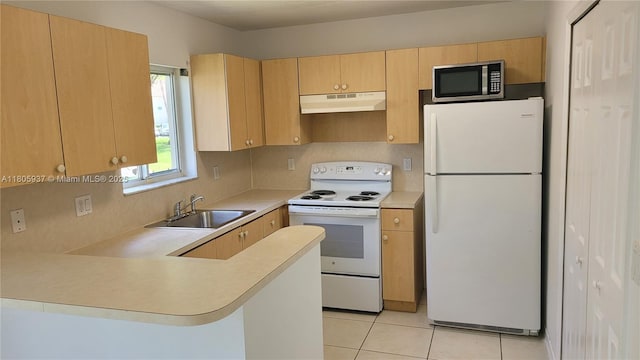 2921 SE 13th Ave Unit 106-48, Homestead, FL 33035 - kitchen featuring white appliances, under cabinet range hood, a sink, a peninsula, and light countertops