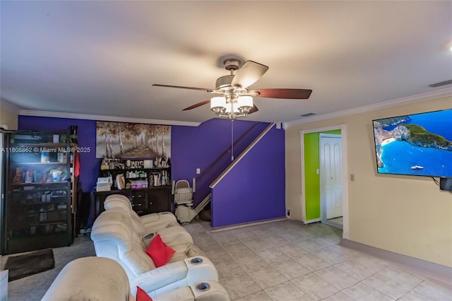 5514 SW 44th Ter, Dania Beach, FL 33314 - tiled living room with crown molding, a ceiling fan, and baseboards