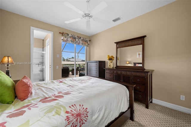 249 SW 37th Ln, Cape Coral, FL 33914 - carpeted bedroom with baseboards, access to exterior, connected bathroom, and a ceiling fan