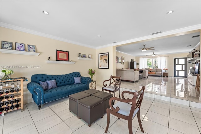 1241 Stillwater Dr, Miami Beach, FL 33141 - living room featuring ornamental molding, light tile patterned flooring, ceiling fan, and recessed lighting