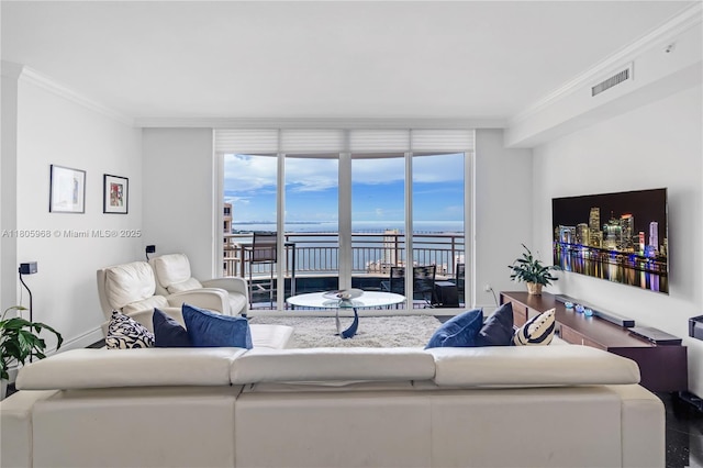 848 Brickell Key Dr Unit 3803, Miami, FL 33131 - living room with crown molding and a wall of windows