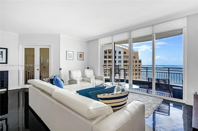 848 Brickell Key Dr Unit 3803, Miami, FL 33131 - living area with french doors, a water view, ornamental molding, baseboards, and expansive windows