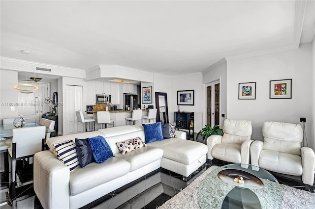 848 Brickell Key Dr Unit 3803, Miami, FL 33131 - living area featuring granite tiled floors and ornamental molding