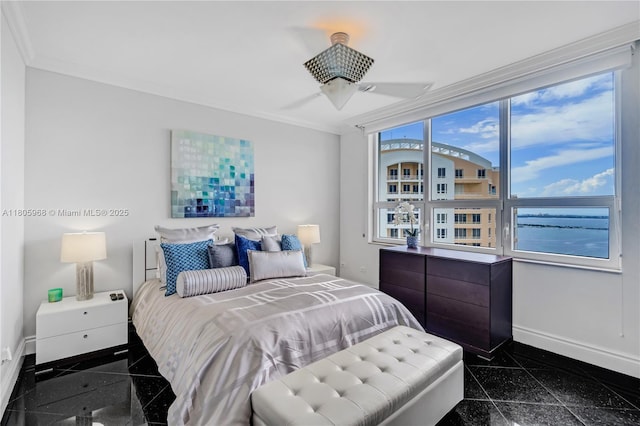 848 Brickell Key Dr Unit 3803, Miami, FL 33131 - bedroom with granite floors, baseboards, crown molding, and ceiling fan