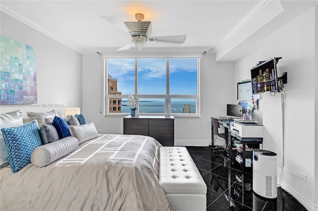 848 Brickell Key Dr Unit 3803, Miami, FL 33131 - bedroom with granite floors, baseboards, and crown molding