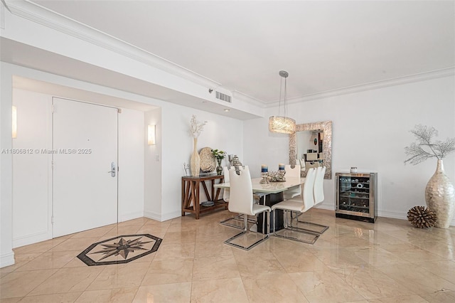 1850 S Ocean Dr Unit 1105, Hallandale Beach, FL 33009 - dining room featuring beverage cooler, baseboards, ornamental molding, and marble finish floors
