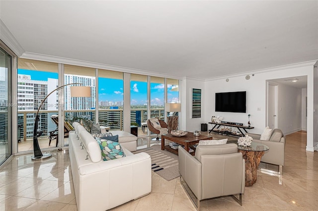 1850 S Ocean Dr Unit 1105, Hallandale Beach, FL 33009 - living area featuring expansive windows and ornamental molding