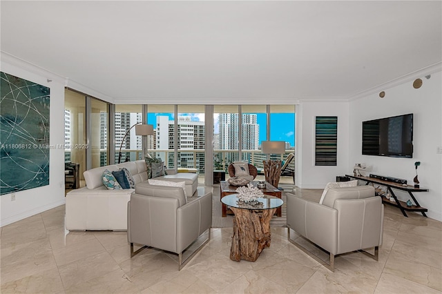 1850 S Ocean Dr Unit 1105, Hallandale Beach, FL 33009 - living room featuring expansive windows, baseboards, and light marble finish floors