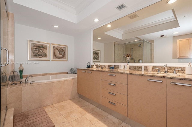 1850 S Ocean Dr Unit 1105, Hallandale Beach, FL 33009 - full bath with crown molding, a shower stall, a bath, recessed lighting, and double vanity