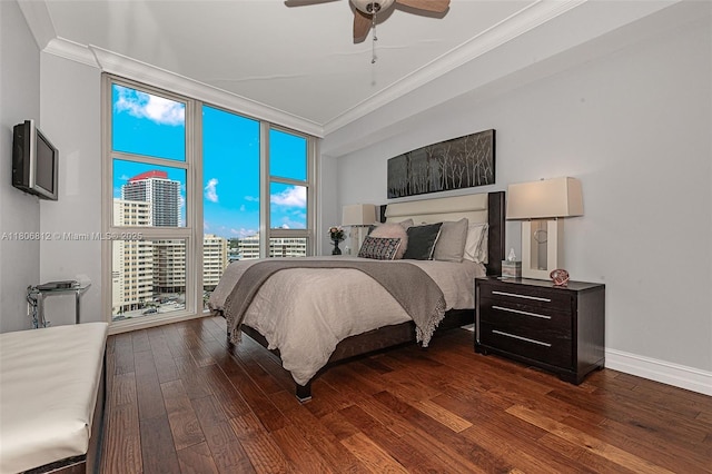 1850 S Ocean Dr Unit 1105, Hallandale Beach, FL 33009 - bedroom featuring ornamental molding, dark wood-style floors, baseboards, floor to ceiling windows, and ceiling fan