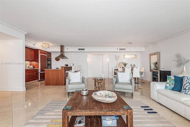 1850 S Ocean Dr Unit 1105, Hallandale Beach, FL 33009 - living room featuring light marble finish floors, ornamental molding, and baseboards