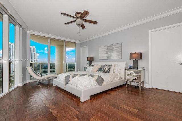 1850 S Ocean Dr Unit 1105, Hallandale Beach, FL 33009 - bedroom featuring wood finished floors, ornamental molding, expansive windows, a ceiling fan, and access to outside