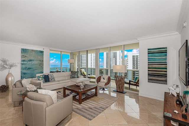 1850 S Ocean Dr Unit 1105, Hallandale Beach, FL 33009 - living room with floor to ceiling windows, ornamental molding, and baseboards