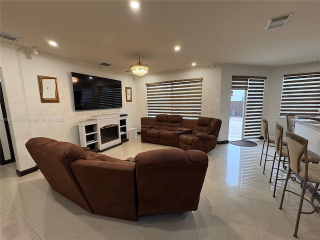 15375 SW 93rd Ln, Miami, FL 33196 - tiled living area with recessed lighting, ornamental molding, and a fireplace