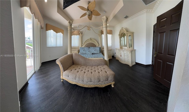 15375 SW 93rd Ln, Miami, FL 33196 - bedroom with dark wood-style floors, multiple windows, ceiling fan, and ornamental molding