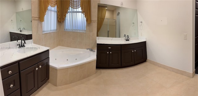 15375 SW 93rd Ln, Miami, FL 33196 - bathroom with two vanities, a tub with jets, tile patterned flooring, and a shower stall