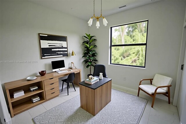 9016 E Justice Cir, La Belle, FL 33935 - office area with baseboards, light tile patterned floors, and a chandelier