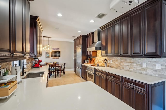 11898 SW 74th Ter, Miami, FL 33183 - kitchen with wall chimney range hood, a sink, decorative backsplash, light countertops, and recessed lighting