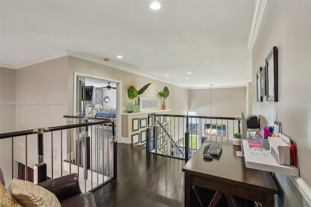 11898 SW 74th Ter, Miami, FL 33183 - hall with an upstairs landing, crown molding, wood finished floors, recessed lighting, and baseboards