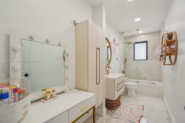 11898 SW 74th Ter, Miami, FL 33183 - full bathroom featuring vanity, shower / bath combination, toilet, marble finish floors, and baseboards
