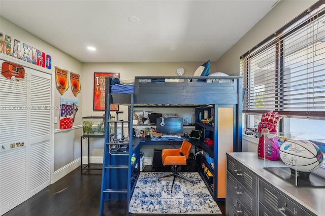 11898 SW 74th Ter, Miami, FL 33183 - bedroom featuring wood finished floors, an office area, baseboards, a closet, and recessed lighting