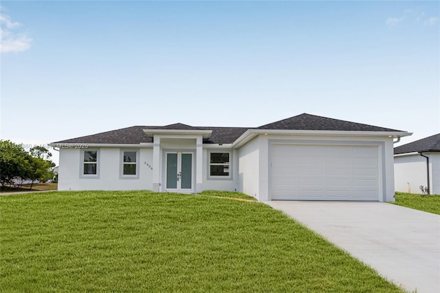 2506 5th St SW, Lehigh Acres, FL 33976 - prairie-style home featuring french doors, stucco siding, driveway, a garage, and a front yard