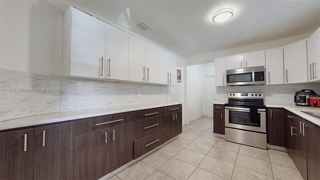 18502 NW 23rd Ct, Miami Gardens, FL 33056 - kitchen with appliances with stainless steel finishes, white cabinetry, light countertops, and dark brown cabinets