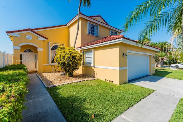 1060 NW 192nd Ave, Pembroke Pines, FL 33029 - mediterranean / spanish home with stucco siding, a front lawn, a tiled roof, driveway, and a garage