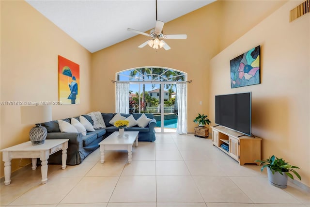 1060 NW 192nd Ave, Pembroke Pines, FL 33029 - living room with ceiling fan, high vaulted ceiling, and light tile patterned floors