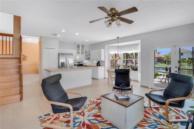 1060 NW 192nd Ave, Pembroke Pines, FL 33029 - living room featuring a ceiling fan, recessed lighting, and light tile patterned flooring