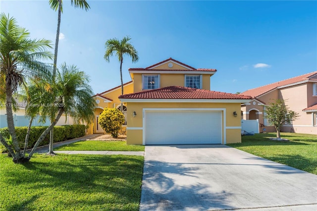1060 NW 192nd Ave, Pembroke Pines, FL 33029 - mediterranean / spanish house with driveway, stucco siding, a tiled roof, and a front lawn