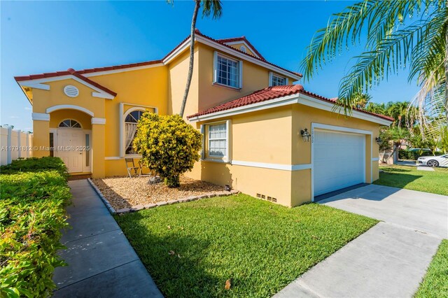 1060 NW 192nd Ave, Pembroke Pines, FL 33029 - mediterranean / spanish house with stucco siding, a front lawn, a tile roof, driveway, and a garage