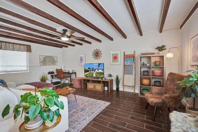 1222 S 14th Ct S, Lake Worth, FL 33460 - living room with beam ceiling, ceiling fan, dark wood-style floors, and baseboards
