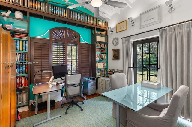 1510 Madrid St, Coral Gables, FL 33134 - home office featuring ceiling fan, wood finished floors, high vaulted ceiling, and beamed ceiling