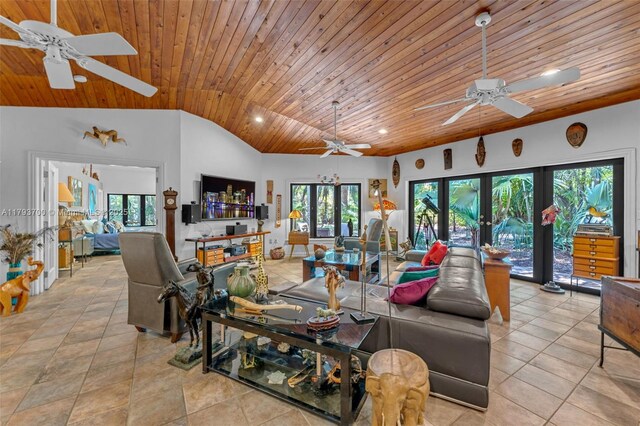 22800 SW 157th Ave, Miami, FL 33170 - living room featuring a ceiling fan, wooden ceiling, plenty of natural light, recessed lighting, and vaulted ceiling