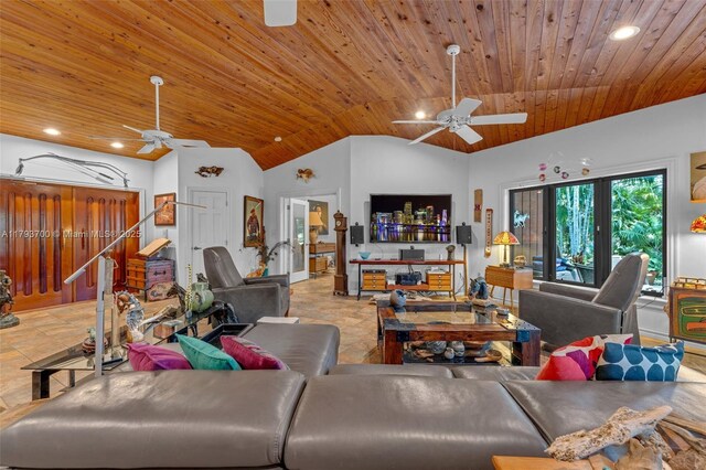 22800 SW 157th Ave, Miami, FL 33170 - living area featuring ceiling fan, vaulted ceiling, wooden ceiling, and recessed lighting